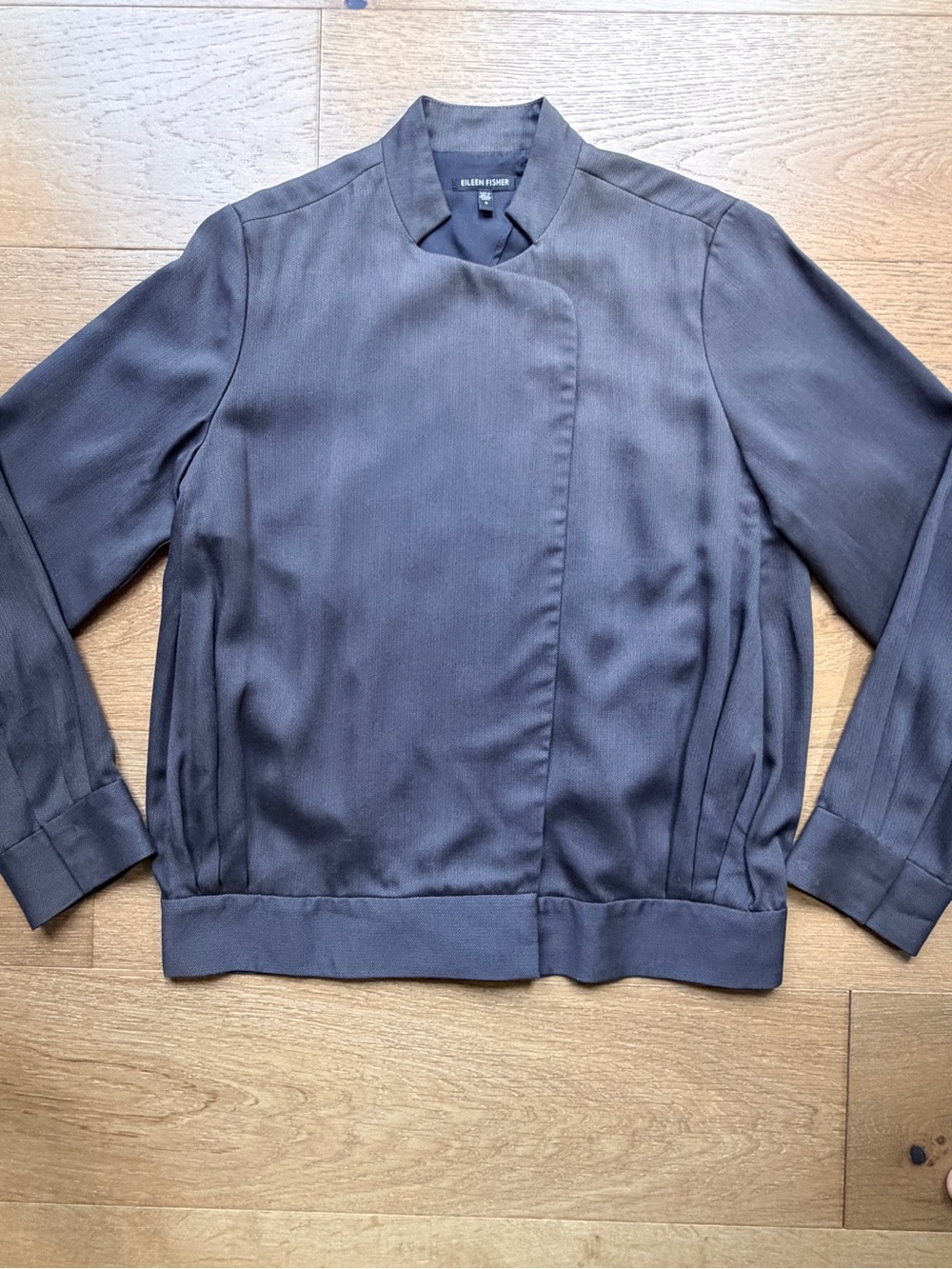 VTG Y2K Eileen Fisher Silk Asymmetric Snap Front Jacket Gray Herringbone Small